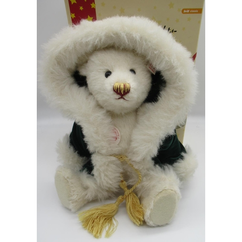 29 - Steiff Christmas Teddy Bear in white alpaca with embroidered green velvet coat, fitted with working ... 