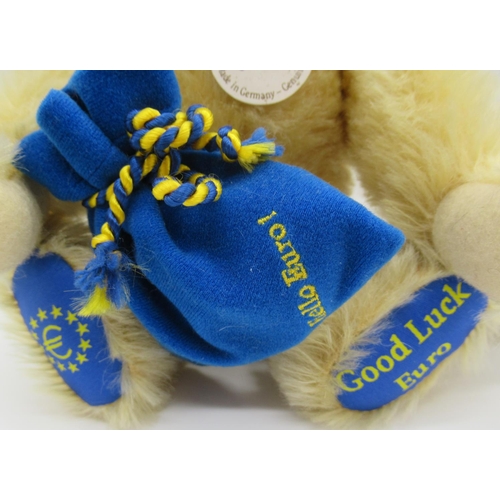 94 - Steiff 1998 Euro Bear in blonde mohair with blue velvet bag and blue foot pads with gold Euro symbol... 