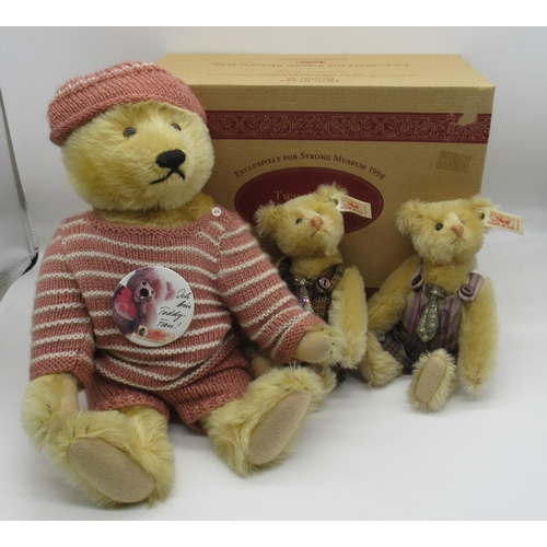 96 - Steiff Twin Teddy Bears in blonde mohair with dungarees and jeweled ties, limited edition of 5000, m... 