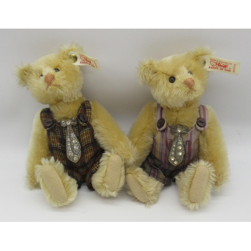 96 - Steiff Twin Teddy Bears in blonde mohair with dungarees and jeweled ties, limited edition of 5000, m... 