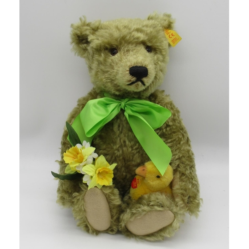 97 - Steiff Pilla teddy bear in green distressed mohair with working growler mechanism, daffodils and duc... 