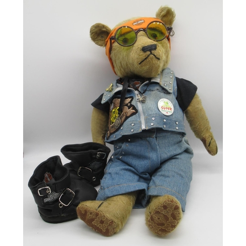 110 - Chad Valley c. 1930's Biker teddy bear with glass eyes, jointed arms and legs and swivel head, weari... 