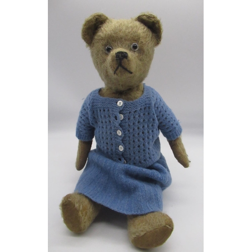 128 - Circa 1930's possibly French teddy bear, in blonde mohair, with pale glass eyes, jointed arms and le... 