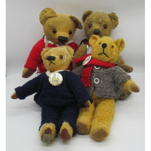 104 - Collection of c. 1940s-50s British teddy bears including a Chad Valley bear in knitted school unifor... 