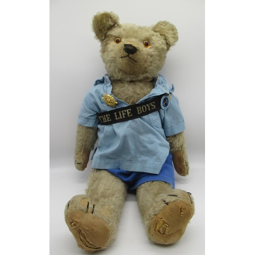 46 - Chad Valley c. 1918/20's straw and rope filled teddy bear, in cream mohair, with glass eyes, jointed... 