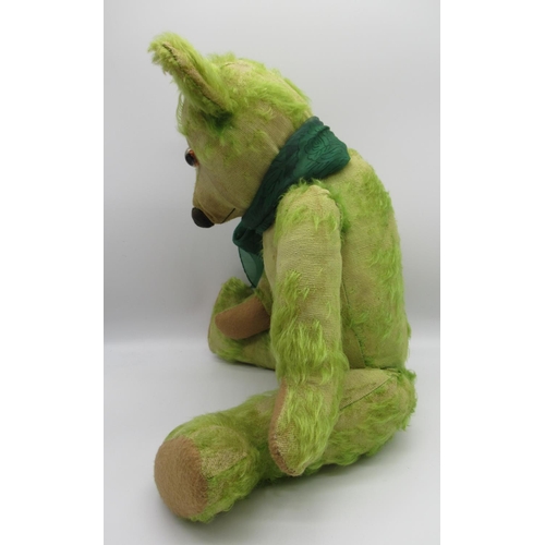 59 - Chad Valley c. 1920/30s teddy bear in green mohair with button in ear and label on foot, glass eyes,... 