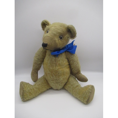176 - Circa 1920's teddy bear with glass eyes, jointed arms and legs and swivel head, wearing a white card... 