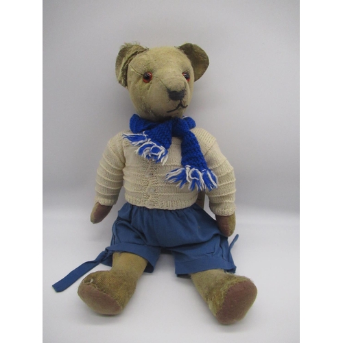 176 - Circa 1920's teddy bear with glass eyes, jointed arms and legs and swivel head, wearing a white card... 