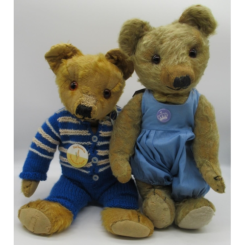 74 - Merrythought c. 1940/50's teddy bear with glass eyes and repaired foot pads, wearing blue romper, H4... 