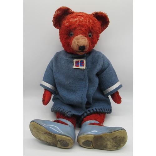 60 - Circa 1930s artificial silk red teddy bear, possibly Deans, with light glass eyes, jointed arms and ... 