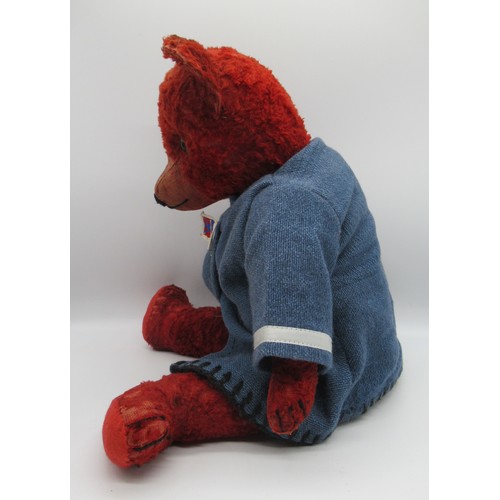 60 - Circa 1930s artificial silk red teddy bear, possibly Deans, with light glass eyes, jointed arms and ... 