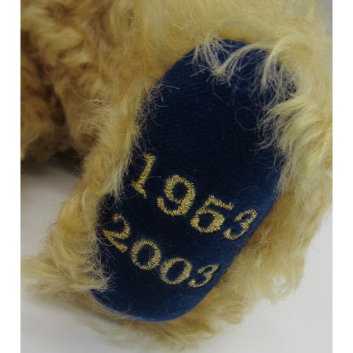 15 - Steiff 50th Anniversary Coronation Bear in golden mohair with blue velvet foot pads embroidered with... 