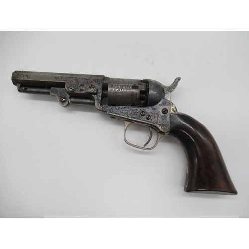 581 - Birds eye maple cased colt pocket pistol with elaborate scrolled engraving to the frame barrel and c... 