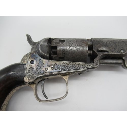 581 - Birds eye maple cased colt pocket pistol with elaborate scrolled engraving to the frame barrel and c... 