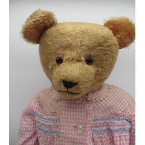 133 - Circa 1920's American bear, in deep pink mohair, with glass eyes, jointed arms and legs and swivel h... 