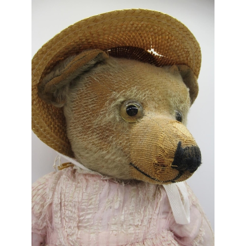 161 - Circa 1930's teddy bear, possibly W. J Terry, straw stuffed with original clear glass eyes with pain... 