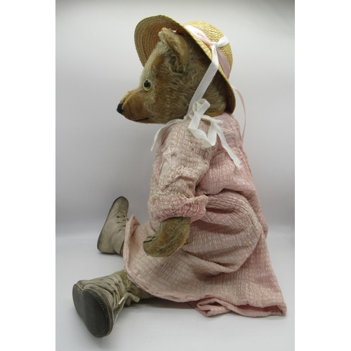 161 - Circa 1930's teddy bear, possibly W. J Terry, straw stuffed with original clear glass eyes with pain... 