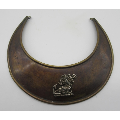 791 - Large British copper gorget with white metal lions head and anchor badge mount