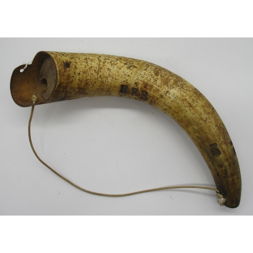 803 - Large C19th military style powder horn marked RER