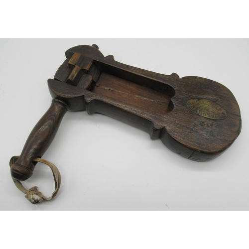 822 - Rare C19th police wooden hand alarm rattle, overall plaque engraved `Tower Hamlets 20'