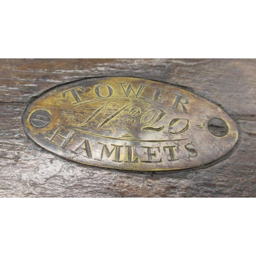 822 - Rare C19th police wooden hand alarm rattle, overall plaque engraved `Tower Hamlets 20'