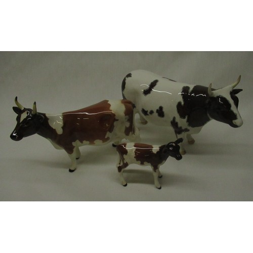 297 - Beswick animals - Berwickshire Ayrshire Bull CH Whitehall Mandate, cow Ickham Bessie and calf, two s... 