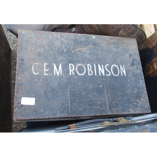 27 - Large travelling trunk with brass fittings and a deep box with the name CEM Robinson and a large tra... 