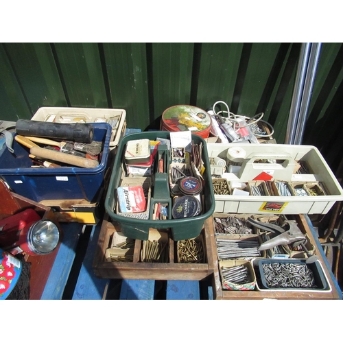 55 - Large collection of screws, brass screws, nails, decorators paint brushes, staples, etc