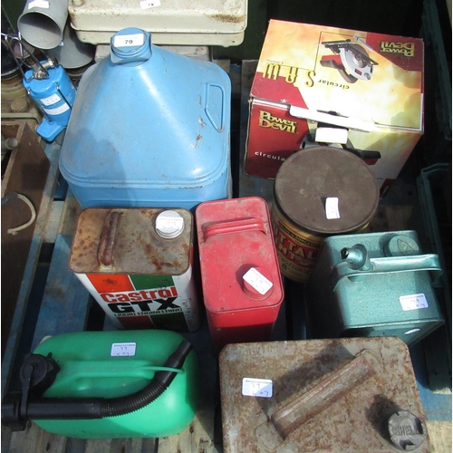 79 - Collection of 6 petrol cans including shell, a large painted oil can, valor spirit can and Knuttols ... 