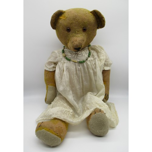 148 - Early American teddy bear with glass eyes and non-working growler mechanism, wearing a white dress a... 
