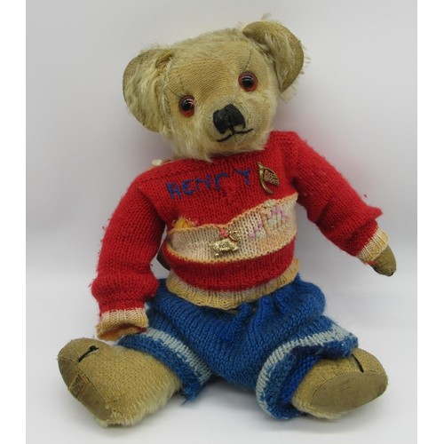 75 - Merrythought c. 1930's teddy bear with glass eyes, Merrythought label on foot, jointed arms and legs... 