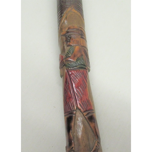 287 - C20th Chinese bamboo walking stick carved with monkeys and figures with EPNS band, character mark an... 
