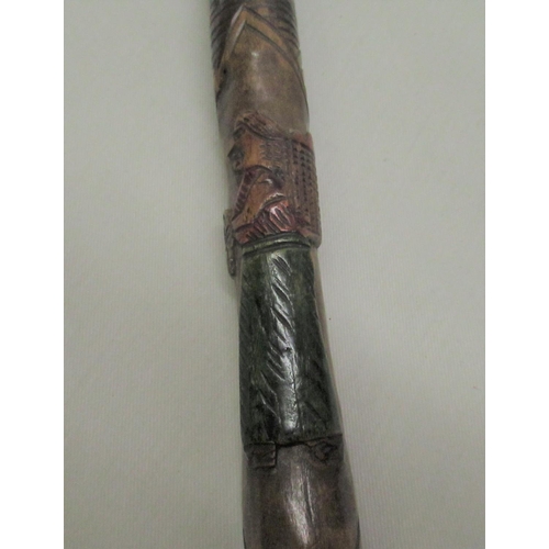 287 - C20th Chinese bamboo walking stick carved with monkeys and figures with EPNS band, character mark an... 