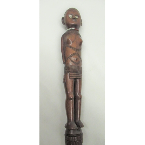 287 - C20th Chinese bamboo walking stick carved with monkeys and figures with EPNS band, character mark an... 