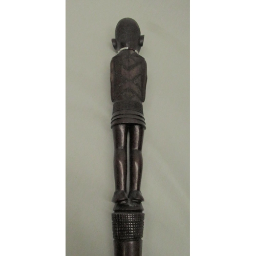 287 - C20th Chinese bamboo walking stick carved with monkeys and figures with EPNS band, character mark an... 