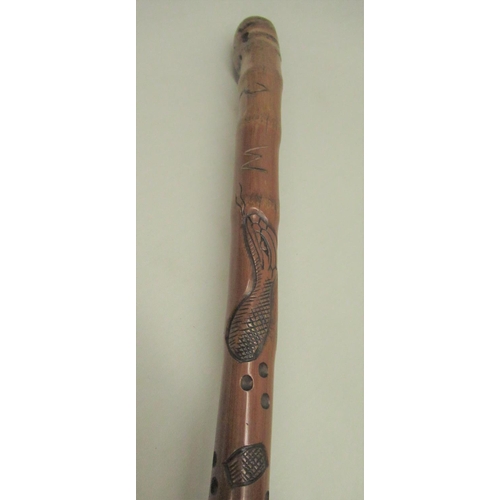 287 - C20th Chinese bamboo walking stick carved with monkeys and figures with EPNS band, character mark an... 
