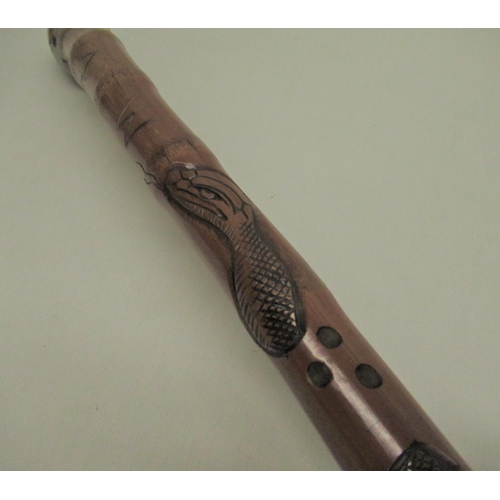 287 - C20th Chinese bamboo walking stick carved with monkeys and figures with EPNS band, character mark an... 