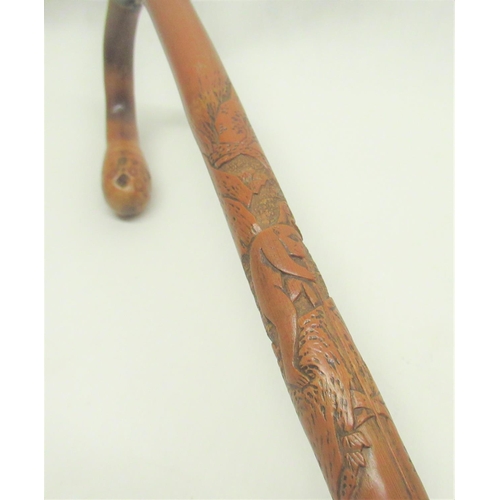 287 - C20th Chinese bamboo walking stick carved with monkeys and figures with EPNS band, character mark an... 