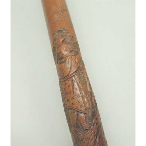 287 - C20th Chinese bamboo walking stick carved with monkeys and figures with EPNS band, character mark an... 