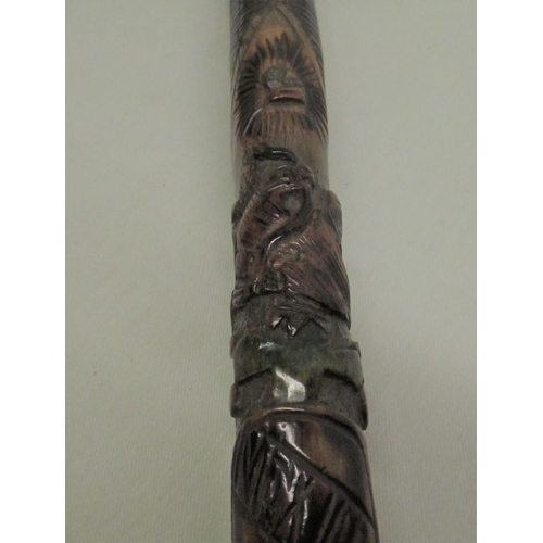 287 - C20th Chinese bamboo walking stick carved with monkeys and figures with EPNS band, character mark an... 