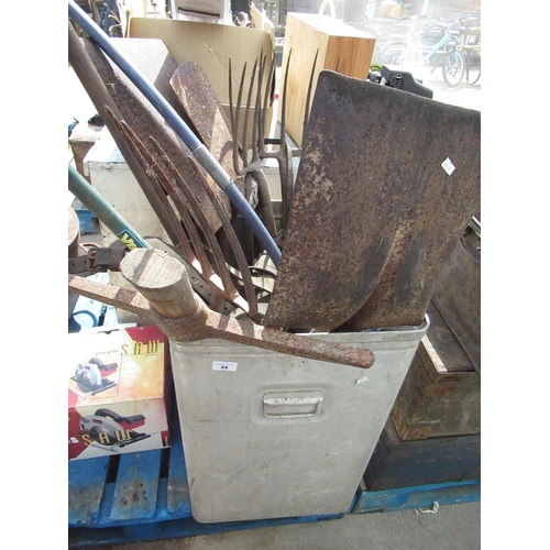 84 - Galvanized flower bin containing a quantity of tools including horse tack etc.