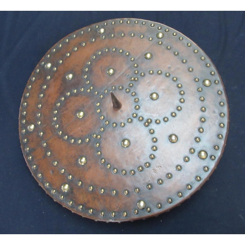 792 - Scottish style wooden targe shield with brass studs and central spike D51cm