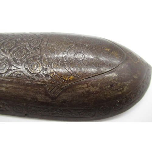 788 - C19th Indian Bazu upper arm guard with engraved pattern of a fish with gilt detail