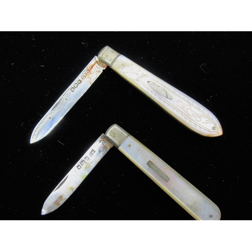 32 - Hallmarked Sterling silver folding pocket knife with mother of pearl handle and bright cut blade, Sh... 