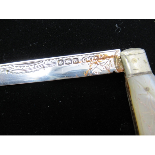 32 - Hallmarked Sterling silver folding pocket knife with mother of pearl handle and bright cut blade, Sh... 