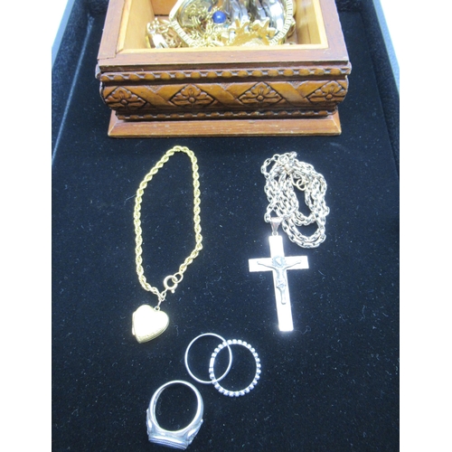 30 - 9ct gold plated heart shaped locket, Unmarked gold albert chain with crucifix, Silver ring with miss... 