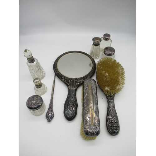 41 - Hallmarked Sterling silver dressing table set of two brushes, a Hallmarked Sterling silver hand mirr... 