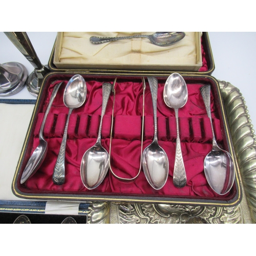 45 - Set of six cased EPNS teaspoons, Pair of EPNS flower vases, EPNS serving tray and other plated ware