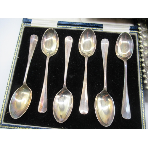 45 - Set of six cased EPNS teaspoons, Pair of EPNS flower vases, EPNS serving tray and other plated ware