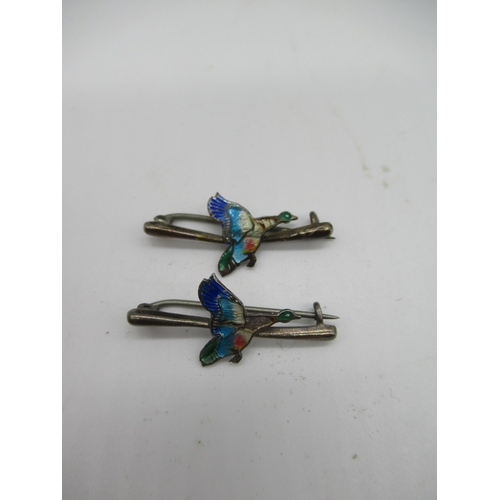 58 - Pair of hallmarked sterling silver and enamel bird bar brooches, a hallmarked sterling silver covere... 